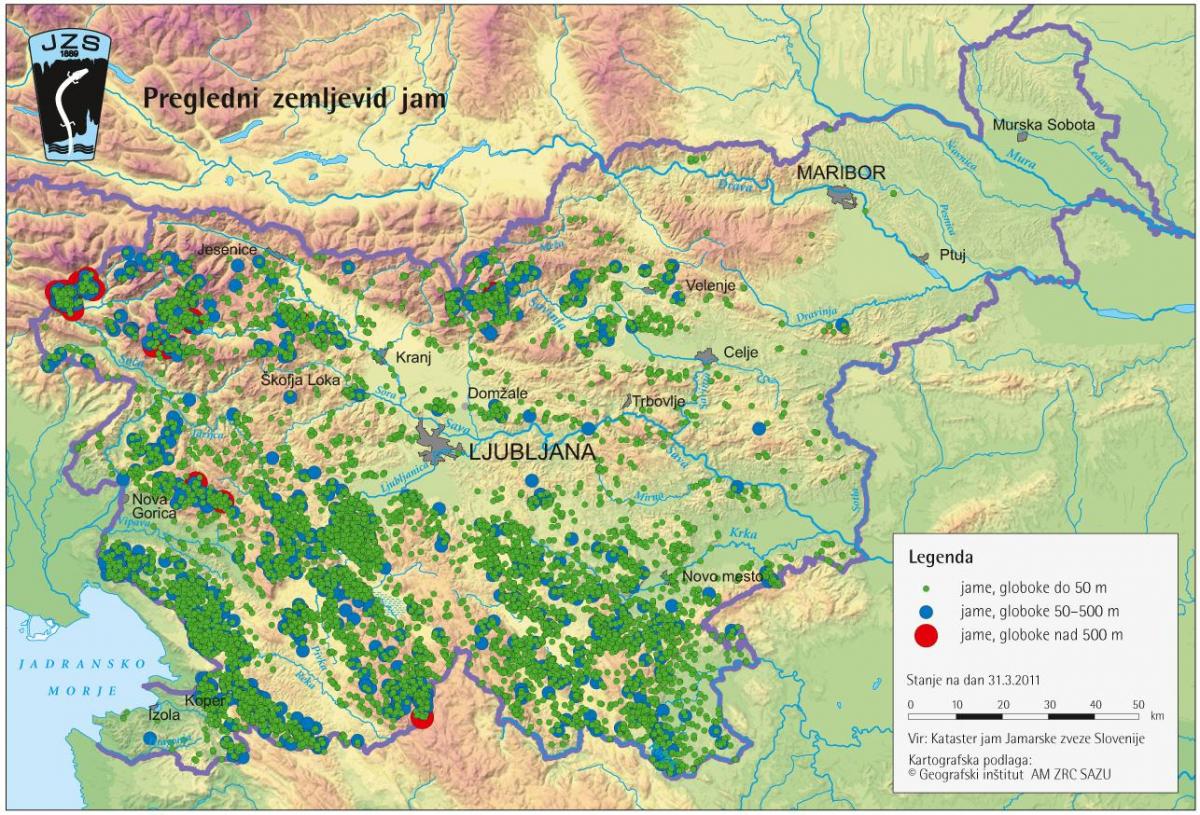 Carte des grottes en Slovénie
