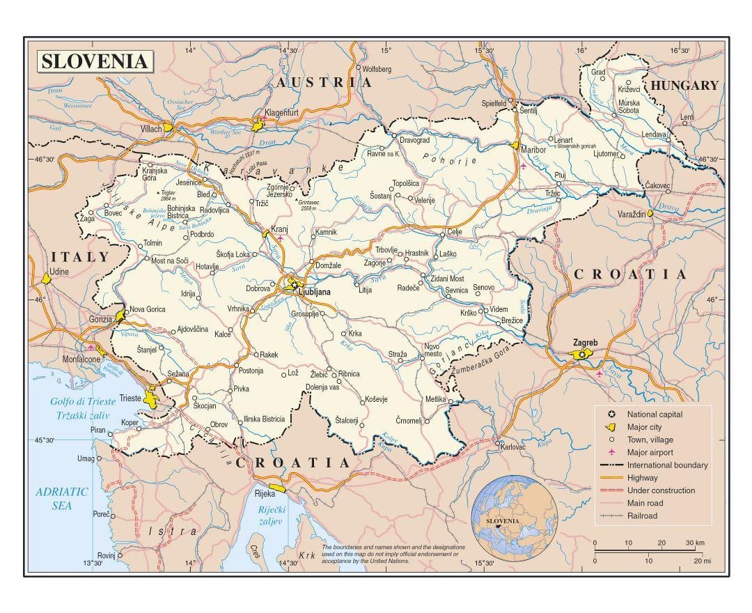 La carte des aéroports de Slovénie